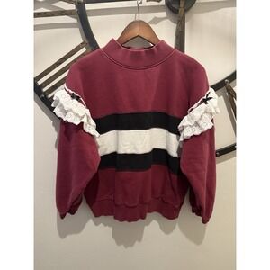 BDG Burgundy Striped Ruffle-Sleeve Sweatshirt